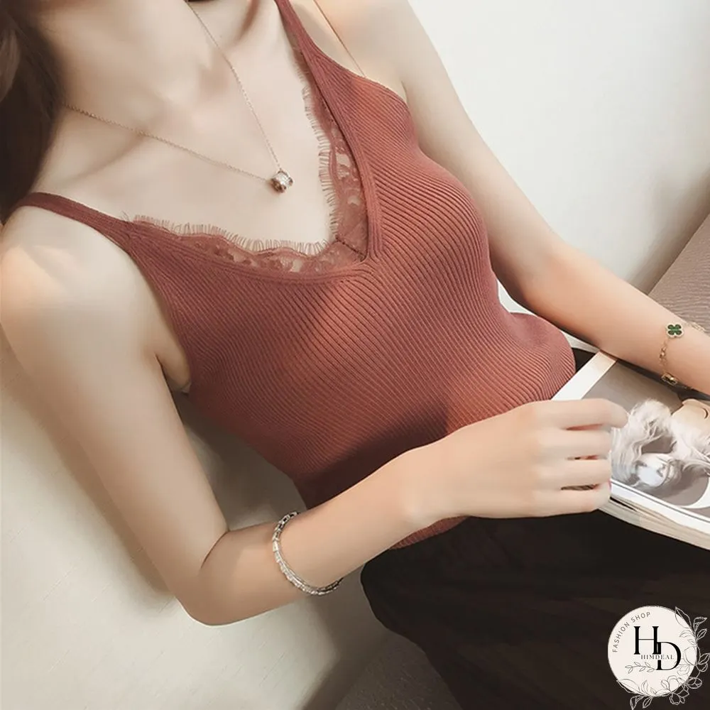 Sexy Women Plain Camisole Lace Splicing Double V Neck Vest Slim Sling Tank Tops