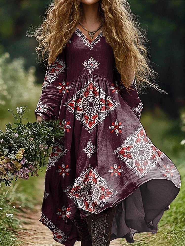 Women's Vintage Floral Art Print Pocket Cotton Dress