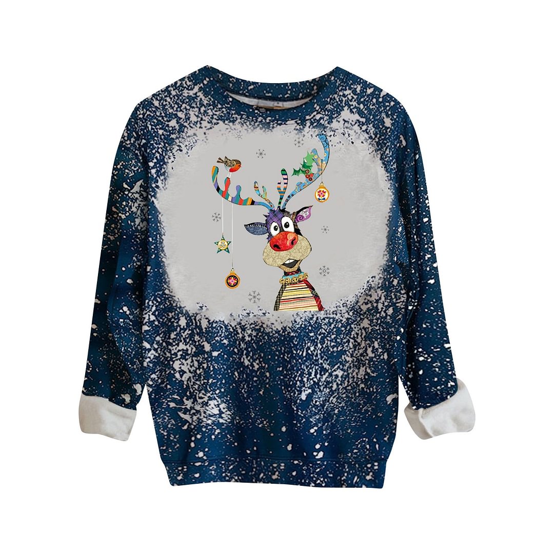 Cute Christmas Reindeer Printing with Snow Fleece Pullover Women-elleschic
