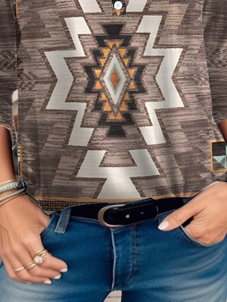 Women's Geometric Graphic Printed Buttons Long Sleeve V-neck Top