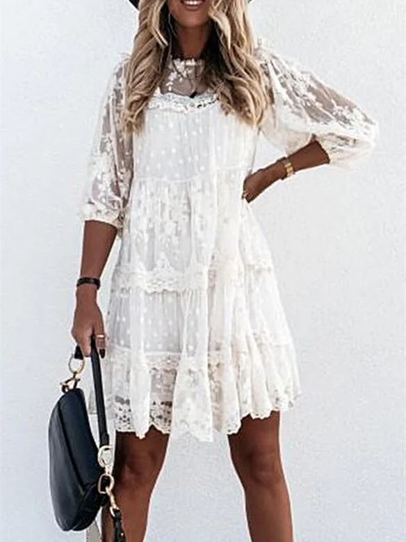 Women's 3/4 Sleeve Scoop Neck Lace Mini Dress