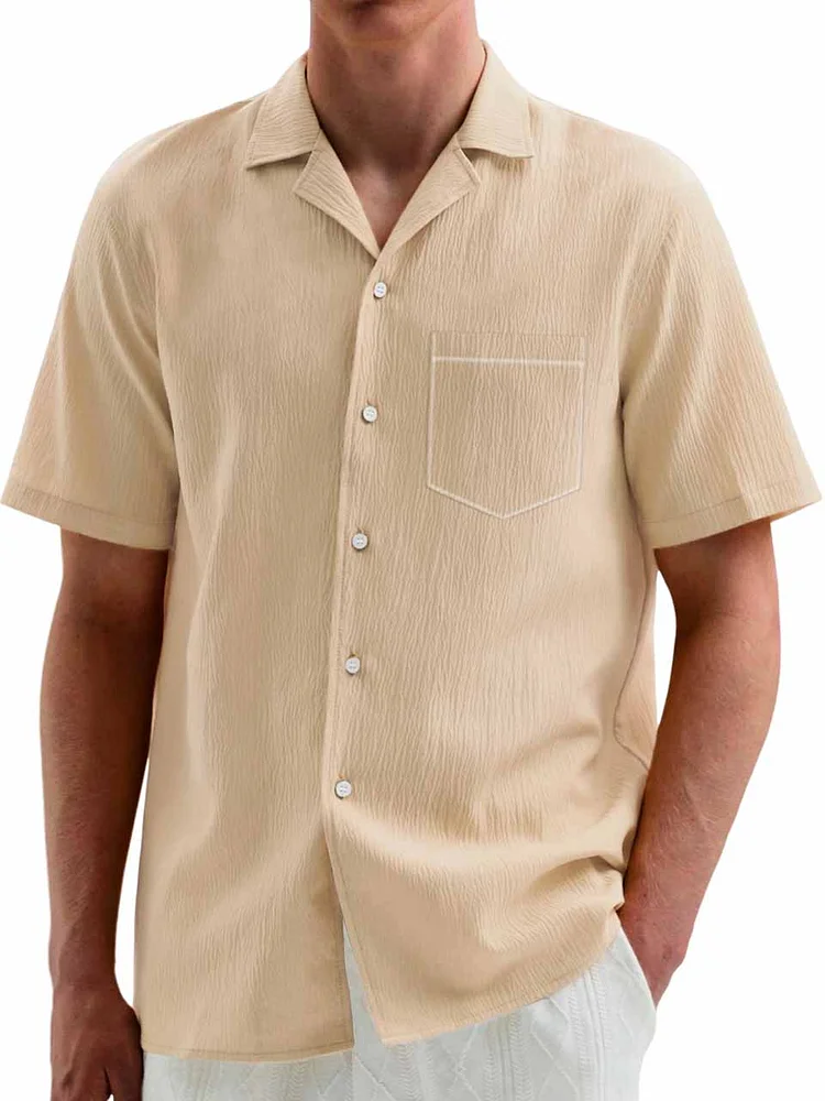 Men's Hawaiian Casual Pleated Fabric Short Sleeve Pocket Shirt
