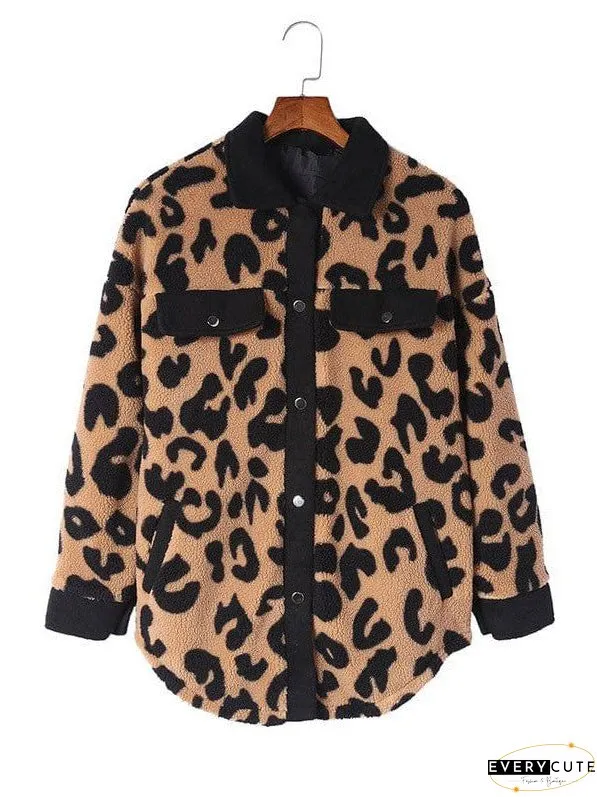 Leopard Print Polar Fleece Cardigan Jacket For Women