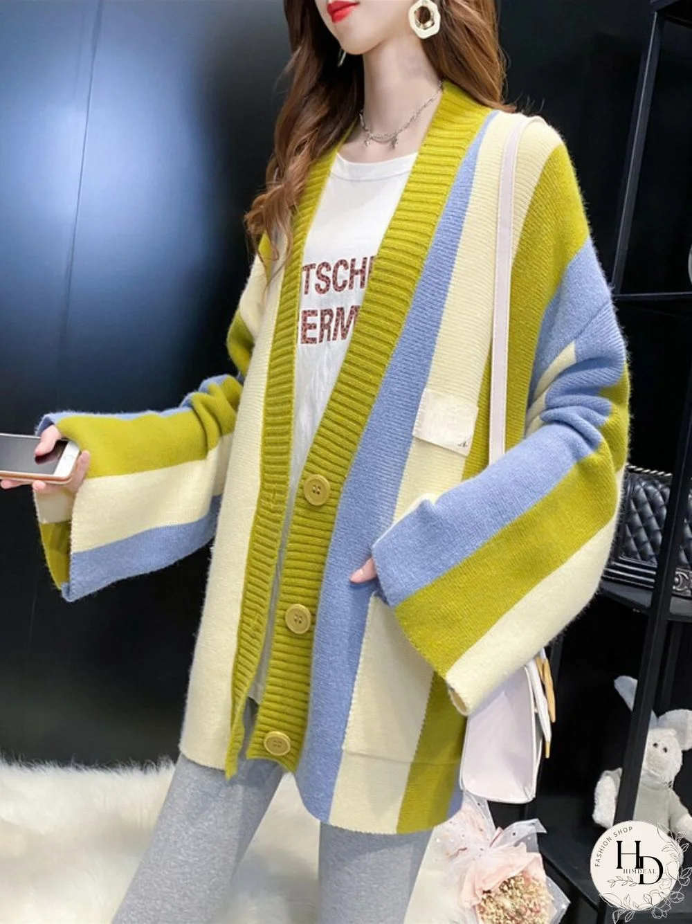 Cardigan Women Autumn Winter Loose Sweater Coat Stripe Color Matching Knitted Cardigan Long Sleeve Tops Women's Clothing