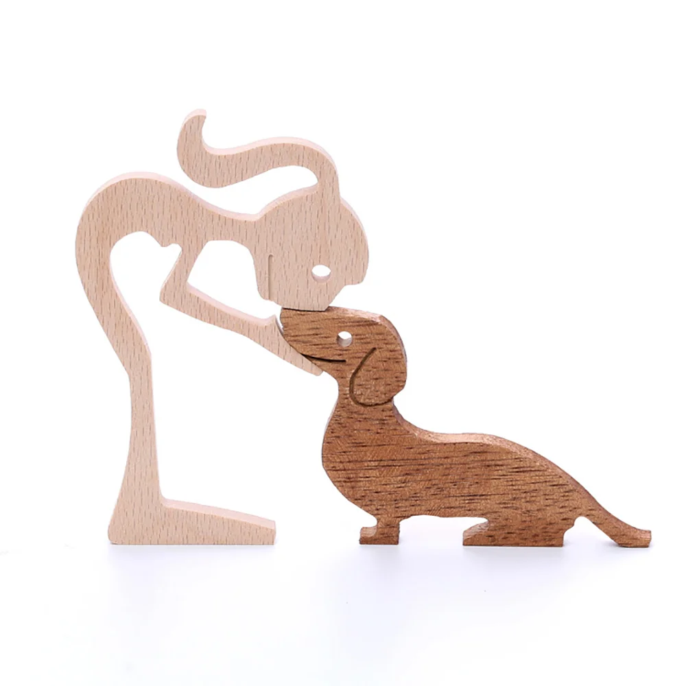 Purexcellent&trade; Creative simple man and puppy home desktop wooden carving ornament
