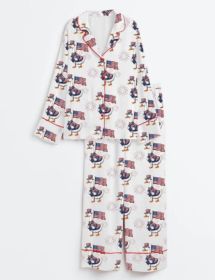 Women&rsquo;s Goose Fourth Of July Silly Goose Red White Blue USA Coquette America Long Sleeve Satin Pajama Set