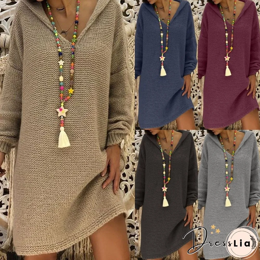 5 Color Autumn Winter New Women Fashion Casual Style Long Sleeve Knitted Sweater Dress Hooded Long Pullovers Tops Solid Color Knitted Dress Plus Size S-5XL