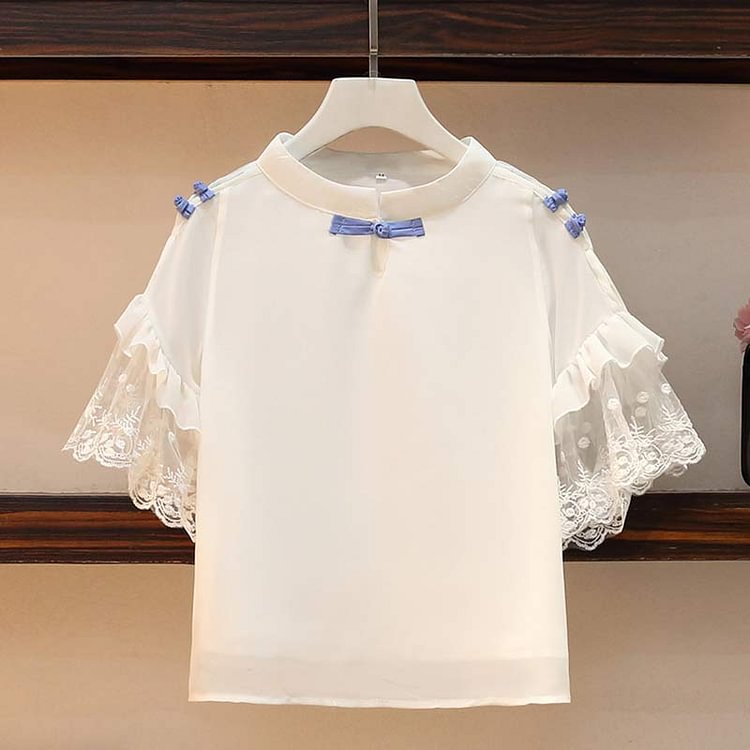 Lace Sleeve Buckle T-Shirt Pocket Skirt Set - Modakawa modakawa