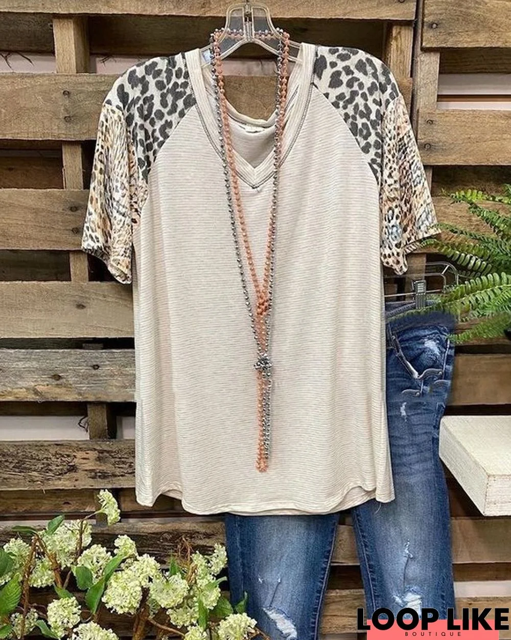 Leopard Short Sleeve  Printed  Cotton-blend  V neck  Casual  Summer  Light Khaki Top