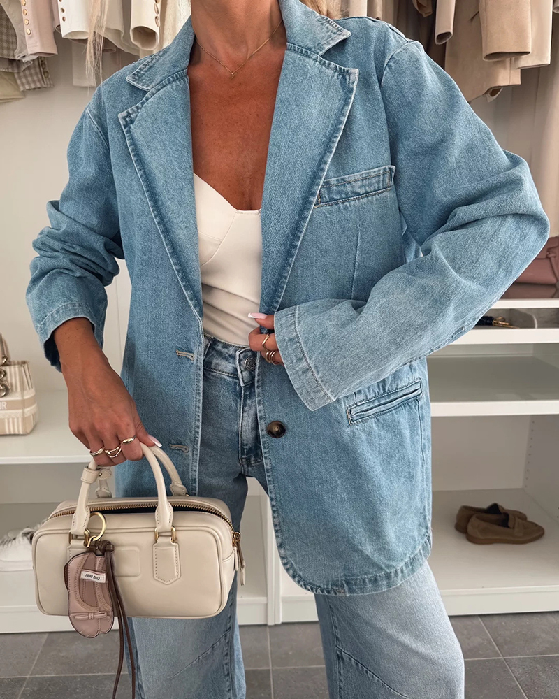 Lapel Long Sleeve Multiple Pockets Casual Denim Blazer