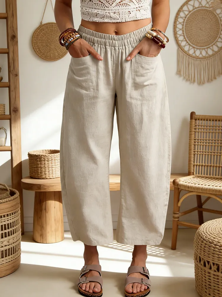 Women's Elastic Waist Pocket Cotton Pants