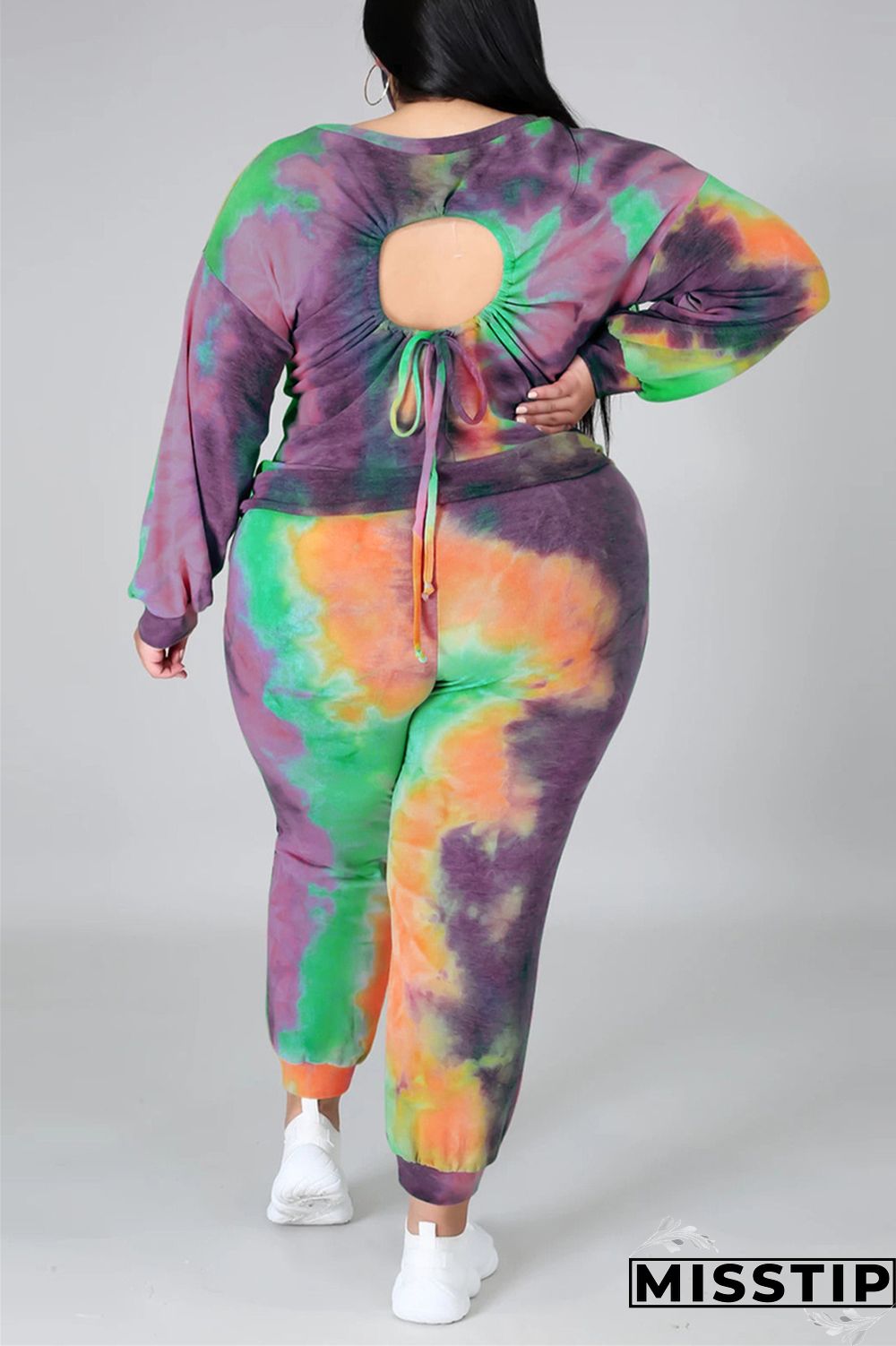 multicolor Fashion Casual Print Tie Dye Tie-dye Backless O Neck Plus Size Set
