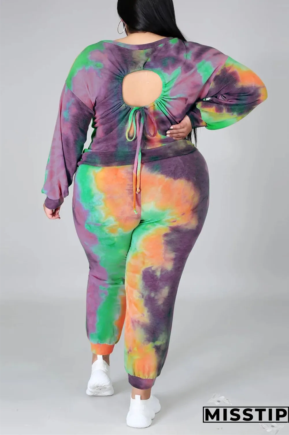 multicolor Fashion Casual Print Tie Dye Tie-dye Backless O Neck Plus Size Set