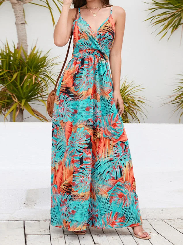 Women's Summer Sleeveless V-neck Fashion Floral Print Dress