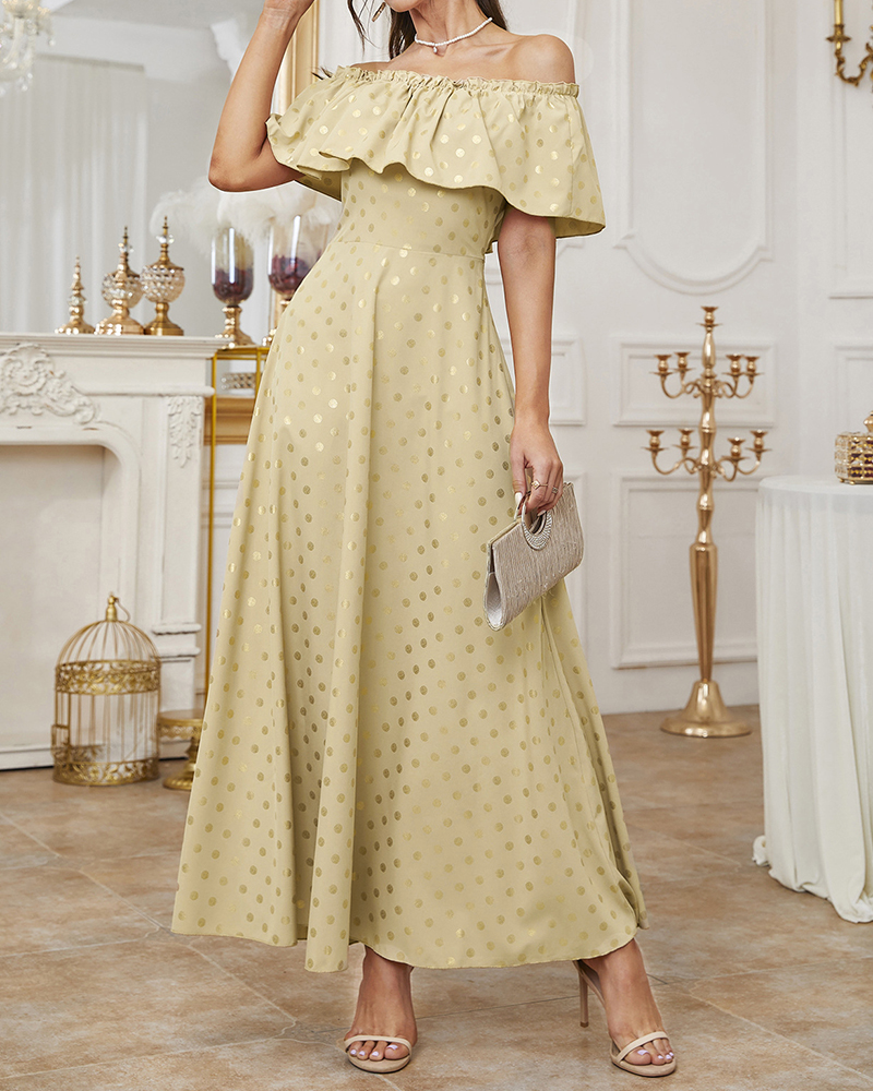 Off Shoulder Polka Dot Pattern Ruffled Detail Maxi Dress