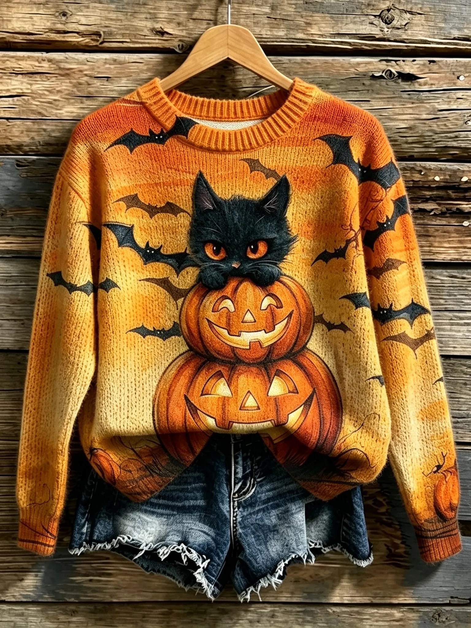 Women's Retro Halloween Cat, Bat, And Pumpkin Print Sweater artswardrobe