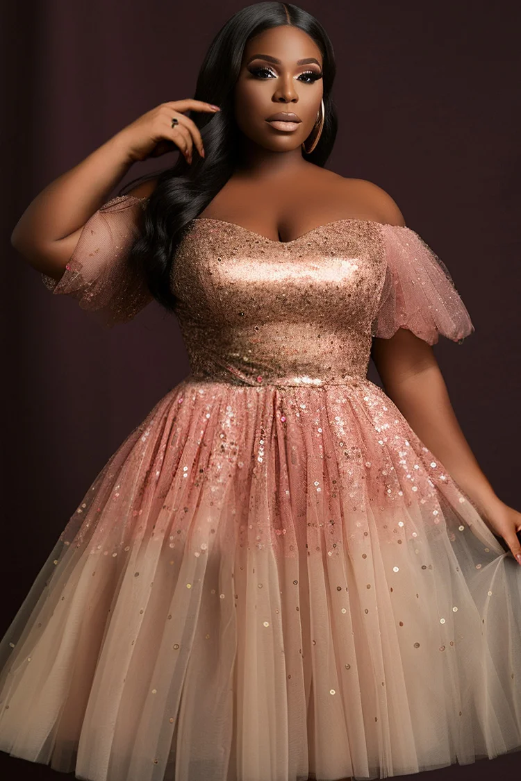 Xpluswear Design Plus Size Cocktail Party Pink Elegant Off The Shoulder Short Sleeve Tulle Mini Dresses [Pre-Order]