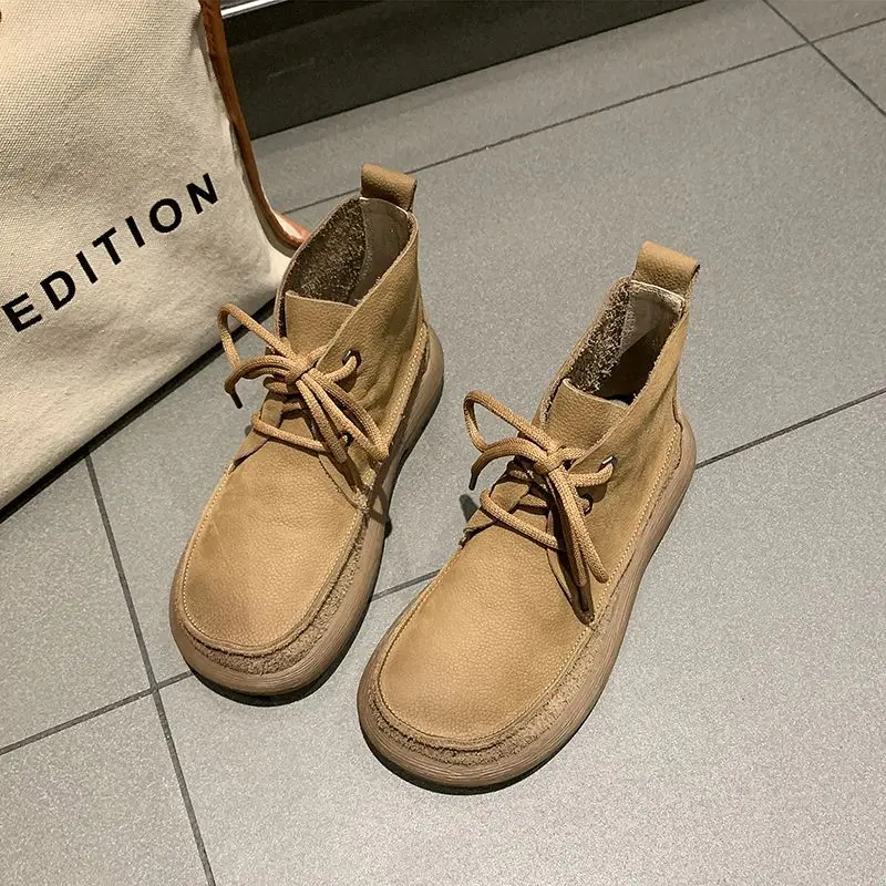 Wear-resistant Martin Women's Flat Shoes 2025 Autumn New Vintage Lace-up Comfortable Shoes Style Lightweight Bottom Boots Boots