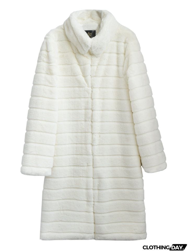 Stylish Striped Stand Collar Women's Comfy Mid-Length Fuzzy Coat