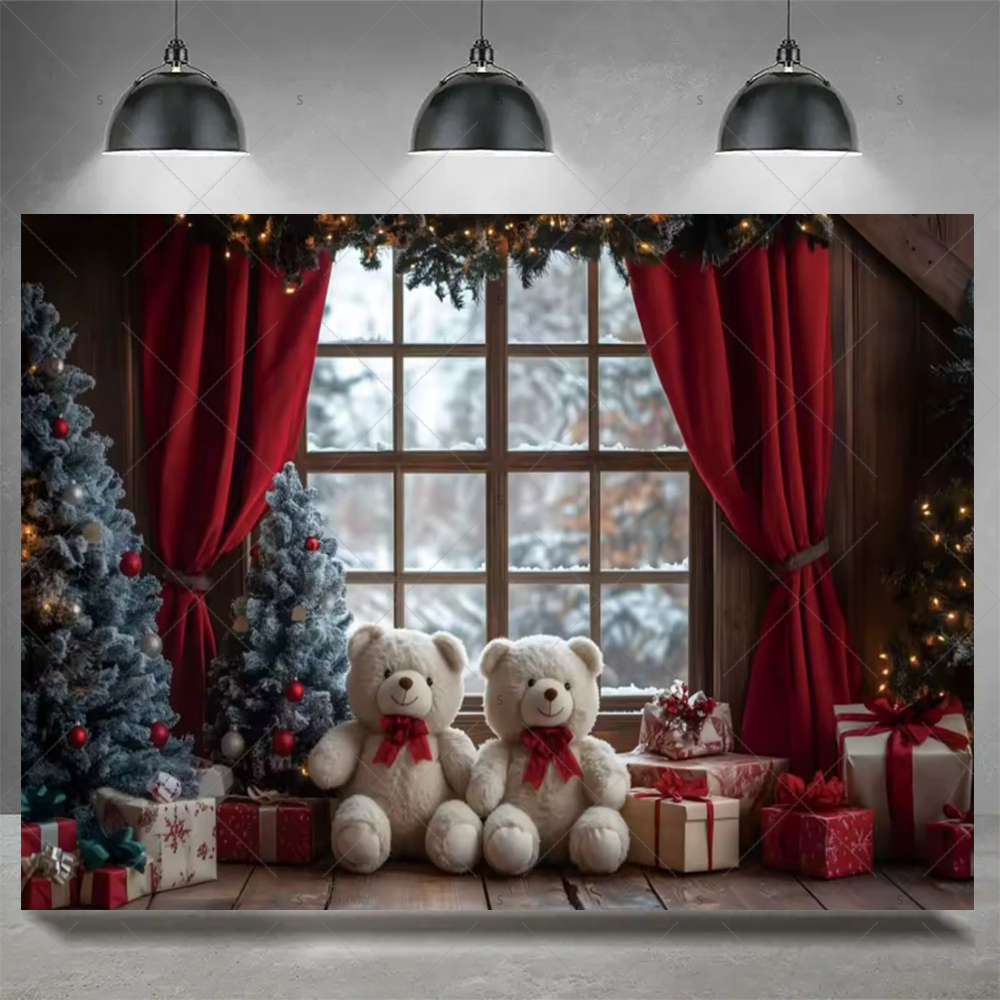 Tegooe Christmas Photography Backdrop Festive Fireplace Xmas Tree Background Banner for Holiday Party Decor Photo Booth Prop