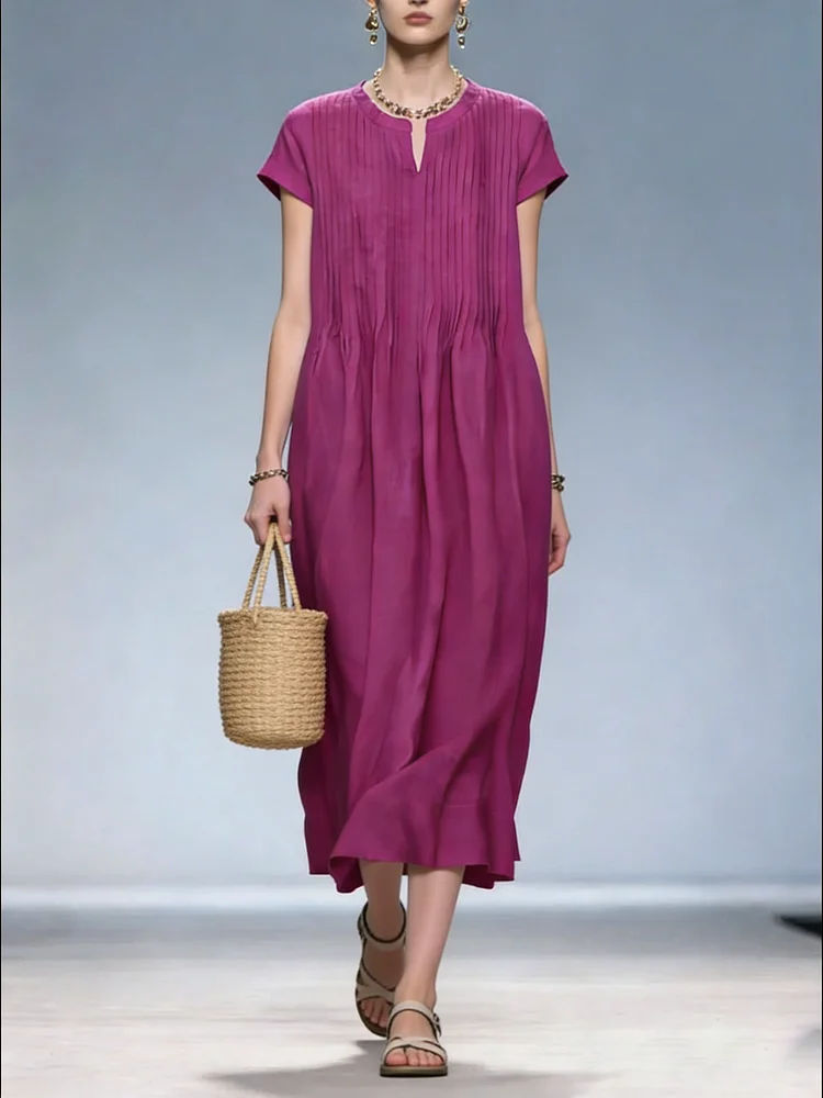 French Rose V Neck Wrinkled Pockets Patchwork Linen Dresses Summer