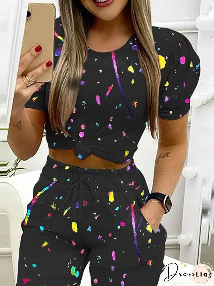 Colorblock Puff Sleeve Crop Top & Pocket Design Drawstring Pants Set