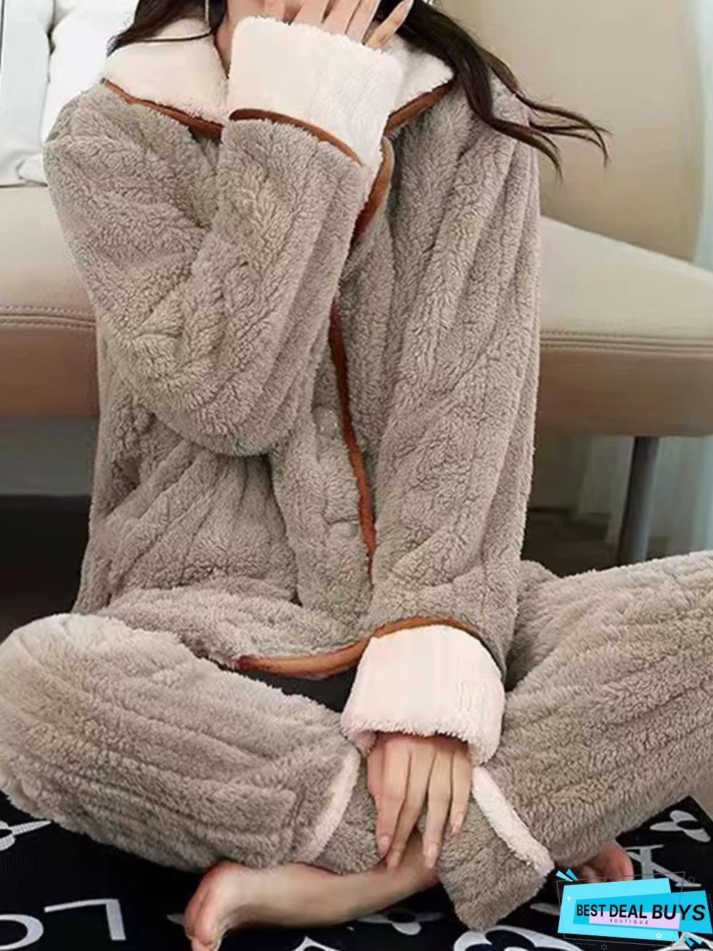 Colorblock Lapel Coral Fleece Home Warm Loose Plus Size Pajama Set