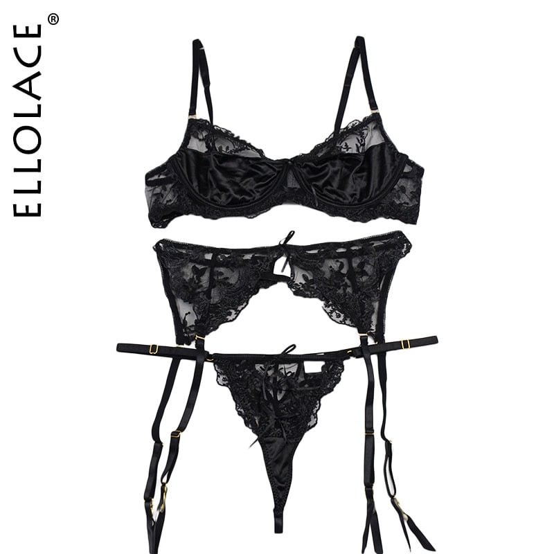 Ellolace Lace Lingerie Embroidery Women's Underwear Transparent Erotic Push Up Bra And Panty Set Black Fancy Garters Intimate
