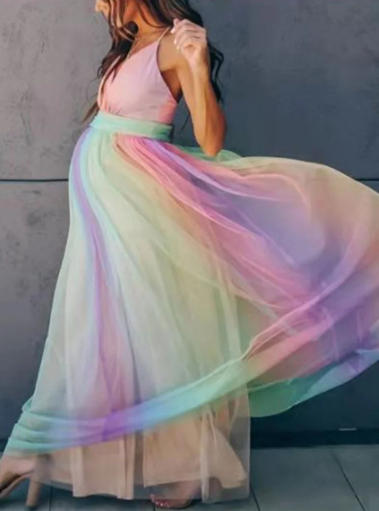 Summer Elegant Tie Dye Mesh Sleeveless Maternity Long Dress