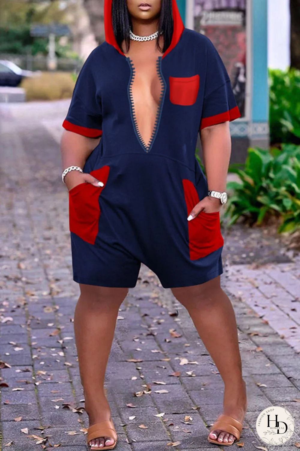 Tibetan Blue Fashion Casual Solid Split Joint Pocket Hooded Collar Plus Size Romper