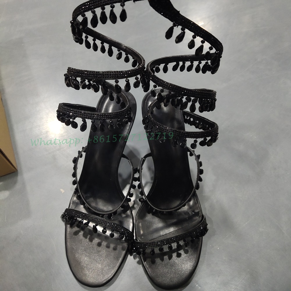 Cross Strap Crystal Pendant Sandals With Heel Women Newest Open Toe Bling Sandals Bare Heels Thin Heels Casaul Summer Sandals