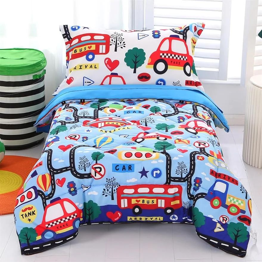 Car Toddler Bedding Sets for Boys Blue, Premium 4 Piece Car Toddler Bed Sets for Boys and Girls, Super Soft and Comfortable for Toddler(Transportation)