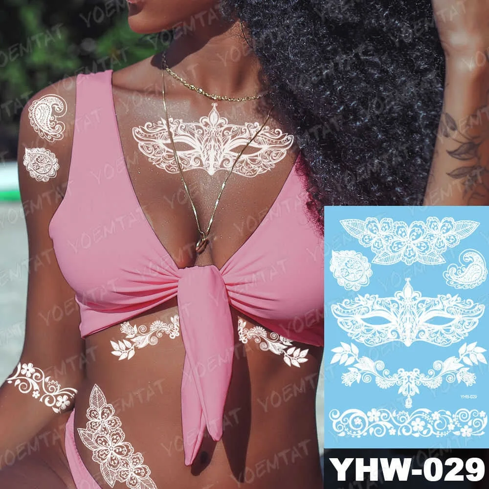 Indian Arabic Designs Temporary Waterproof Tattoo sticker Lace White Bride Tatto Paste Fake Tatoo Mandala Body Art Hand Choker