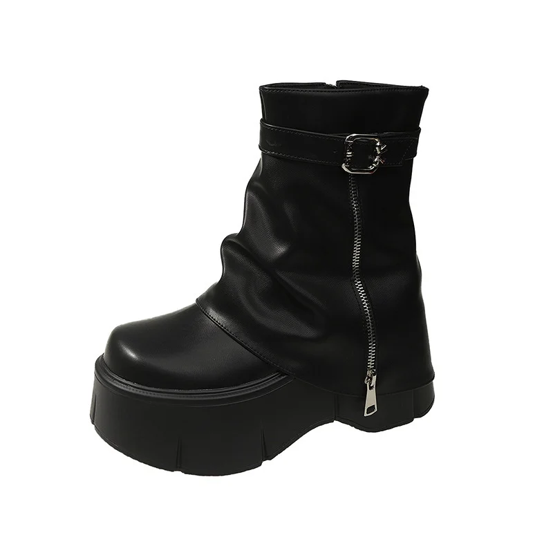 Tanguoant Tanguoant Celebrity Thick Bottom Tube Boots Female 2023 Winter New British Style Fashion Belt Buckle High Heel Small Short Boots