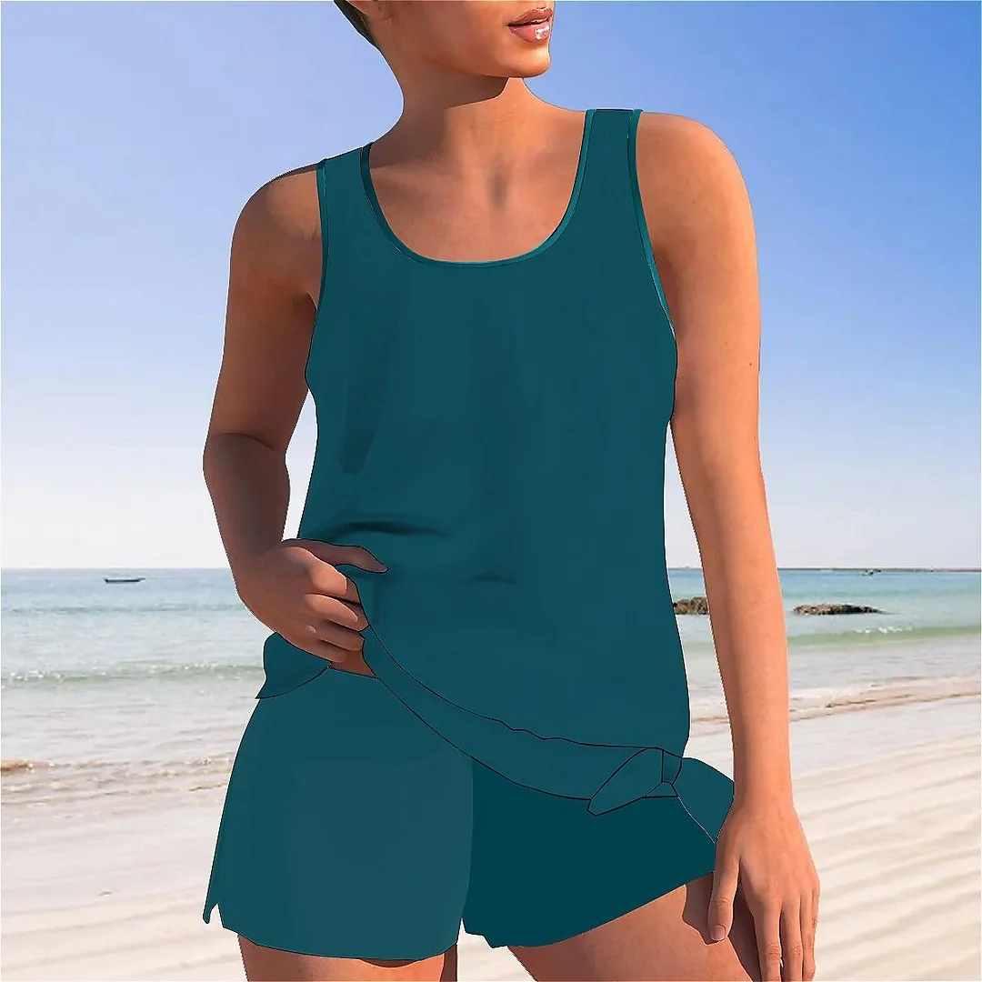 Bowknot Solid Color Mid Waisted Tankini Set - Plus Size Available