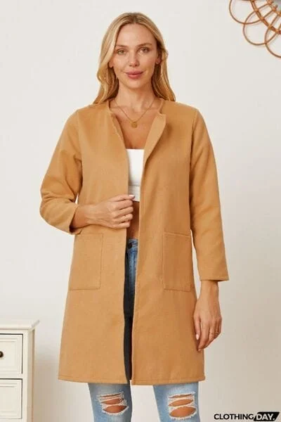 Open Front Pocketed Long Sleeve Coat