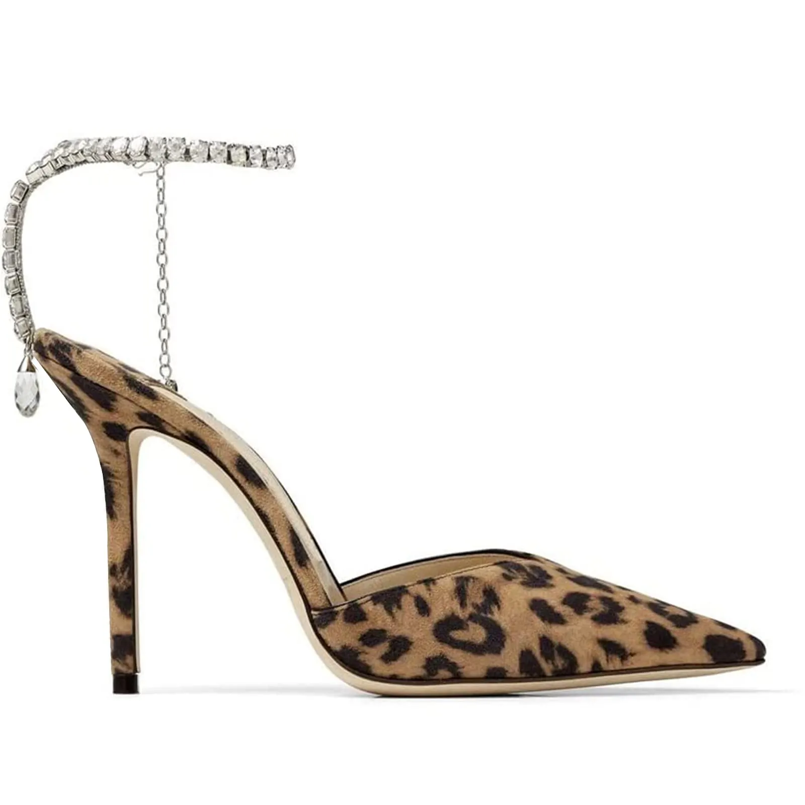 100mm Women's Sandals Crystal Chain Rhinestone Embellished Strap Suede Pumps Pointy Stilettos Backless Shoes-vocosishoes
