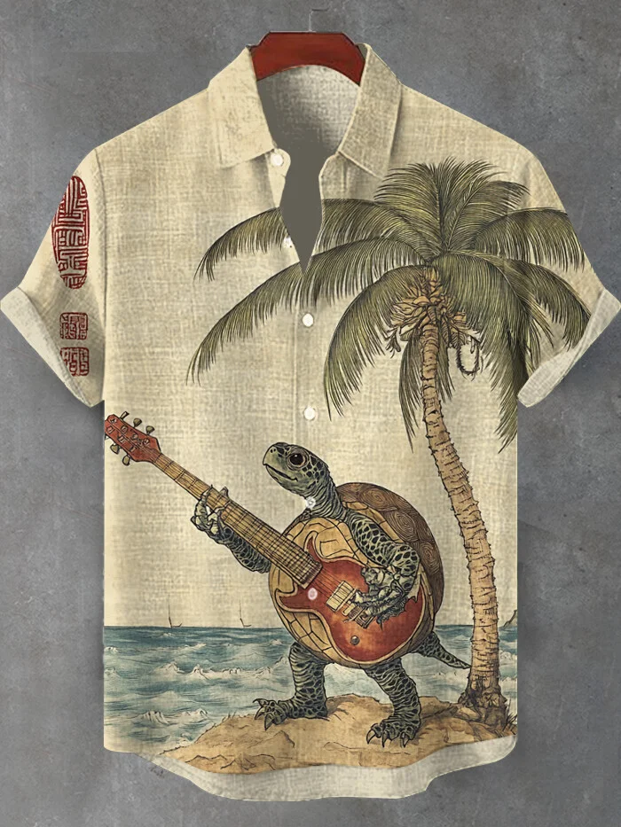 Men's Turtle Playing Guitar Under Palm Tree Print Short Sleeve Shirt