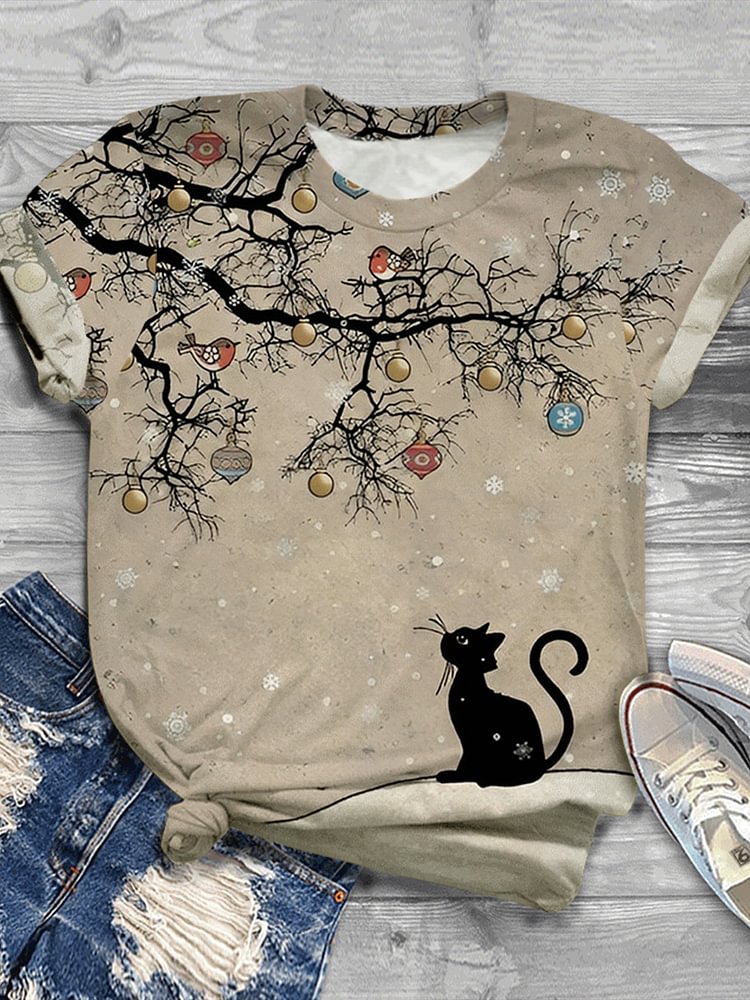 Merry Christmas Black Cat Print Vintage Round Neck Tee