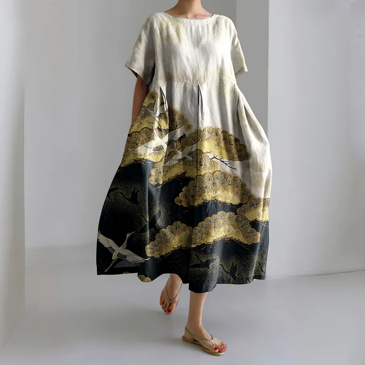 Japanese Flying Crane & Pine Tree Art Linen Blend Maxi Dress