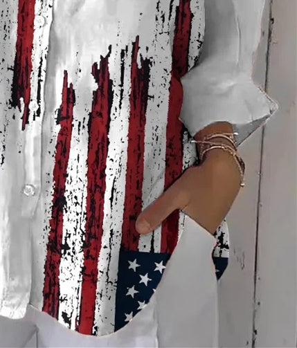Women 3/4 Sleeve Shirt Collar National Flag Printed Graphic Button Tops