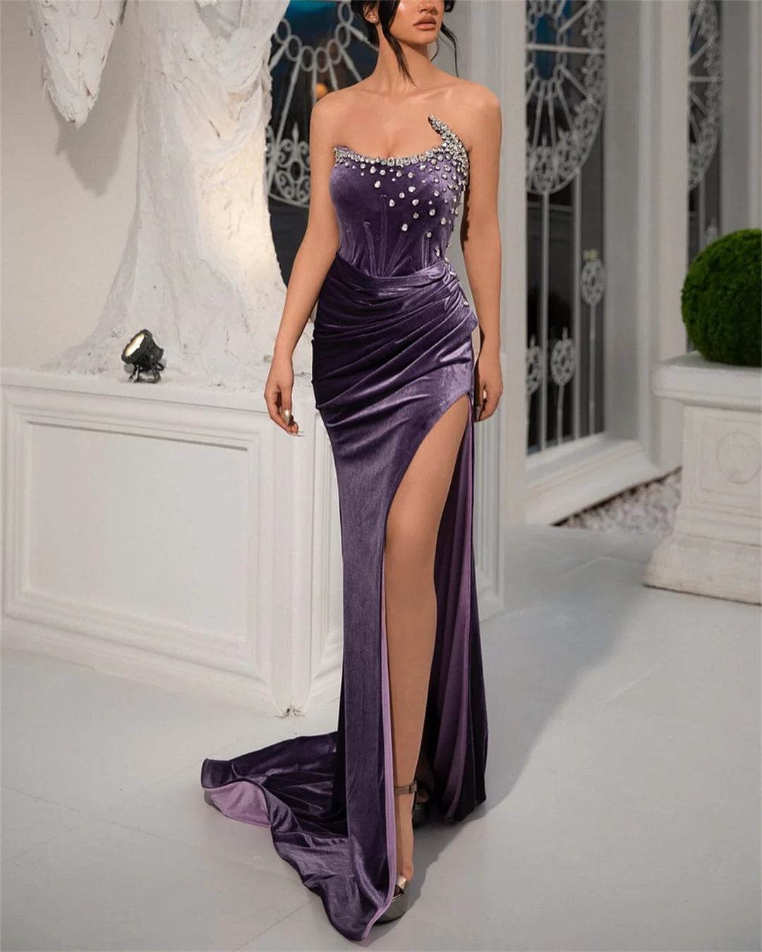 Women's Purple Velvet Slit Tube Top Dress