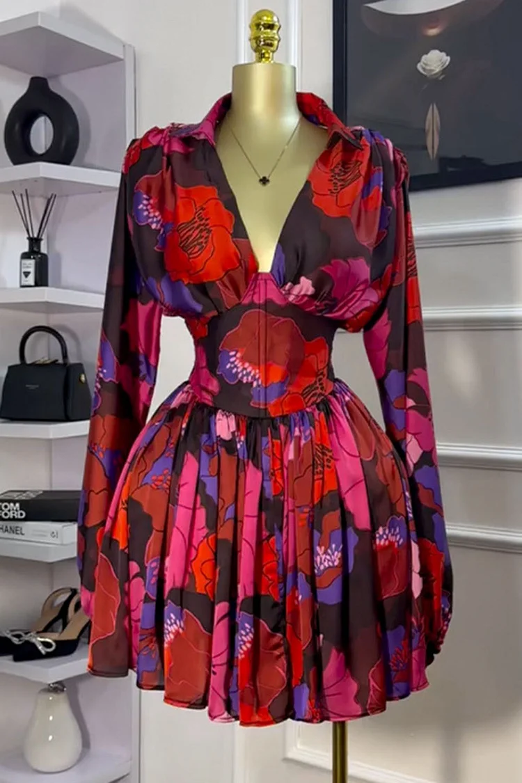 V Neck Low Back Long Sleeve Cinch Waist Pleated Floral Print Mini Dresses-Red