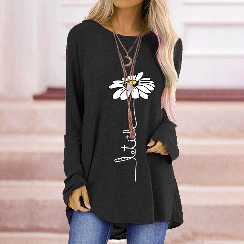 Cotton T-Shirts Women Autumn Long Sleeve Casual Tops Flower Print Streetwear Tee 3D Loose Female Round-Neck T-Shirt