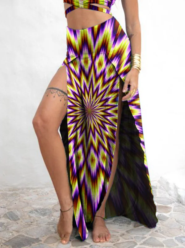 Retro Colorful Gradient Print Slit Long Maxi Skirt