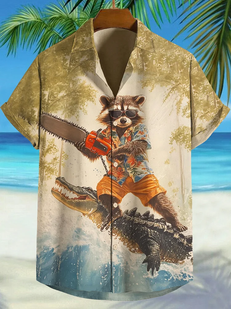 Men's Raccoon Crocodile Surfing Art Print Vacation Shirt