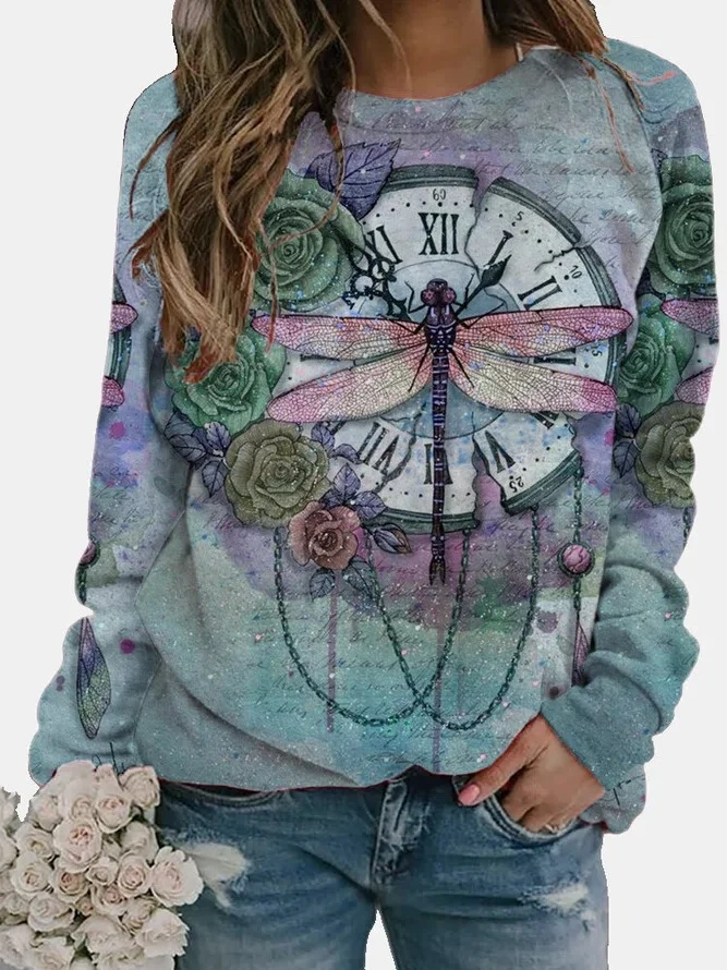 Dragonfly Floral Print Long Sleeve Crew Neck Sweatershirt Women