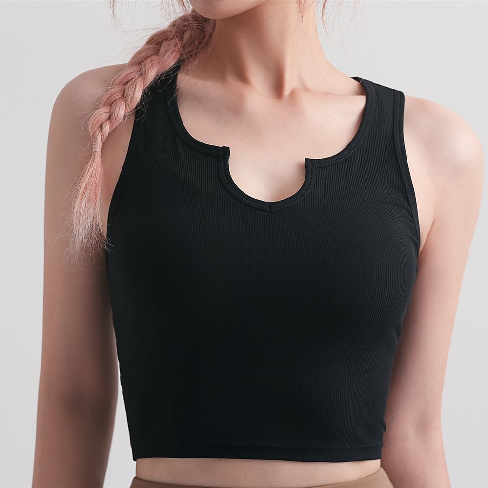 Hergymclothing Black women v neck moisture wicking cool feeling nylon slim fitting everyday sports running yoga crop top online shopping