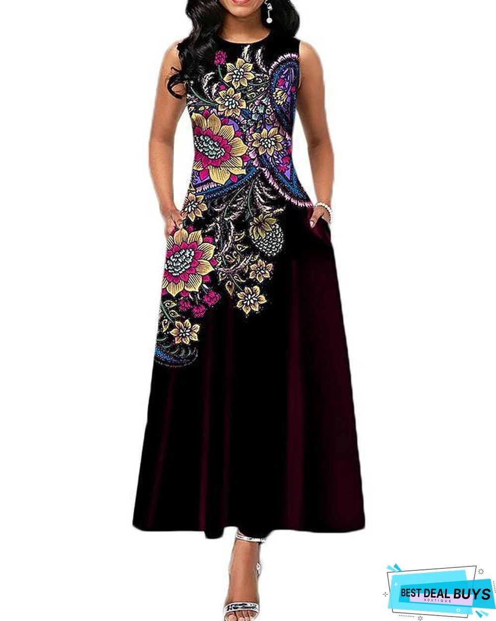 Women's A-Line Dress Maxi Long Dress Sleeveless Print Summer Casual White Black Blue Purple Wine Green White Dresses