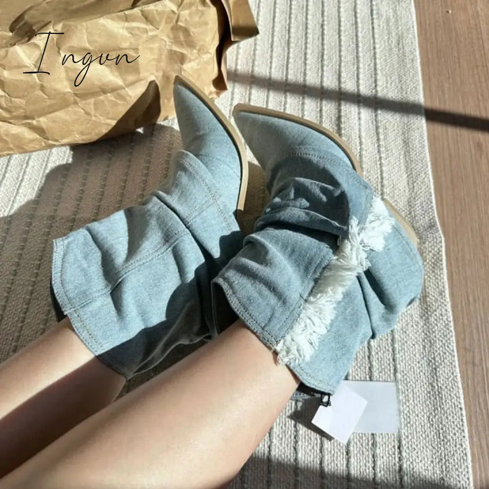 Ingvn - Pleats Blue Denim Thigh High Boots For Women 2023 Autumn Thick Heeled Pointed Toe Cowboy